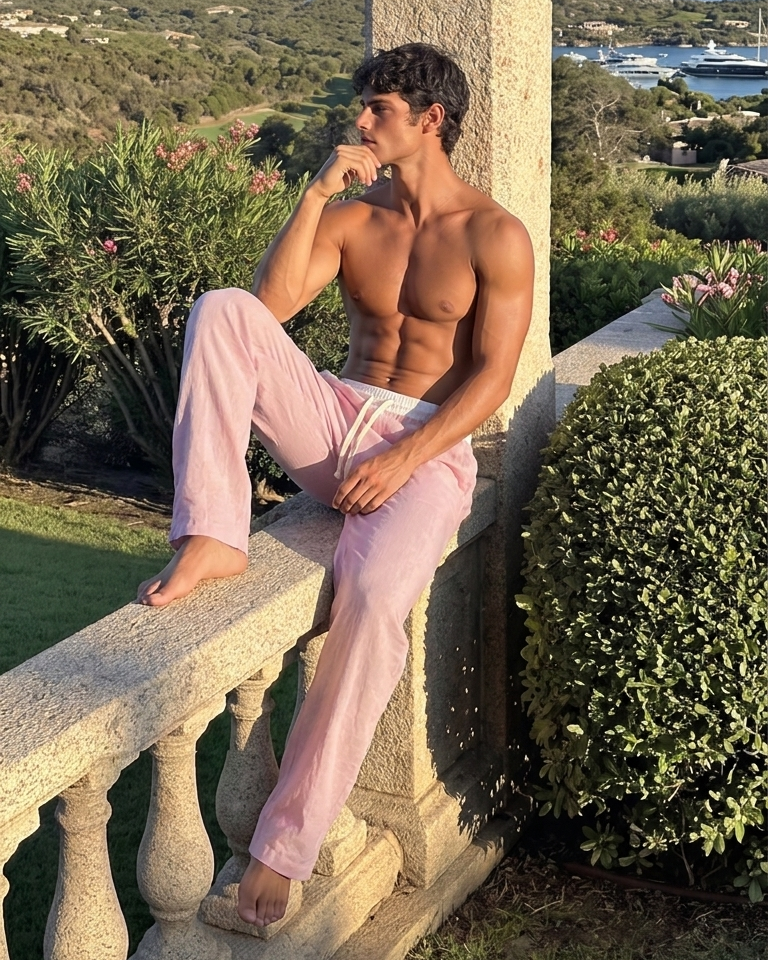 A shirtless man with a muscular torso sits barefoot on a stone balcony wearing light pink lounge pants, with a garden and coastal view in the background.