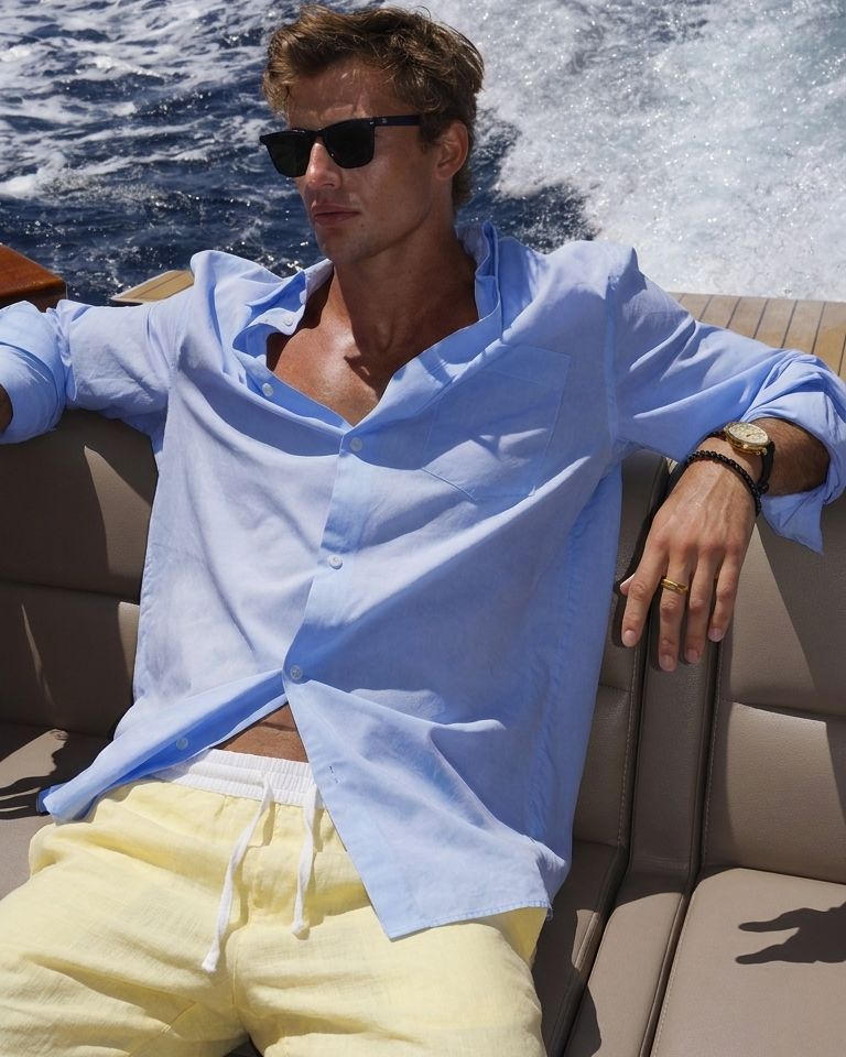 A man wearing black sunglasses, an open light blue button-down shirt, and pale yellow drawstring shorts sits on a boat with water and sunlight in the background.